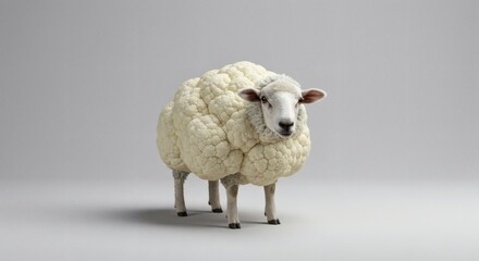 Cauliflower Sheep Surreal food mashup on white Playful vegetarian concept.