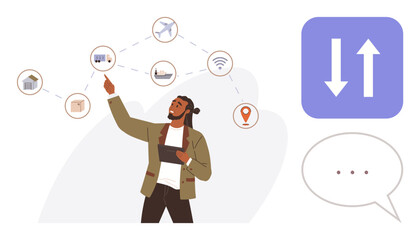 Male professional strategizing cargo movement across transport modes with tech icons, charts, and speech bubbles. Ideal for logistics, networking, innovation, collaboration, strategy, technology