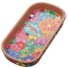 Colorful Decorative Tray with Floral Design Featuring Vibrant Flowers and Leaves