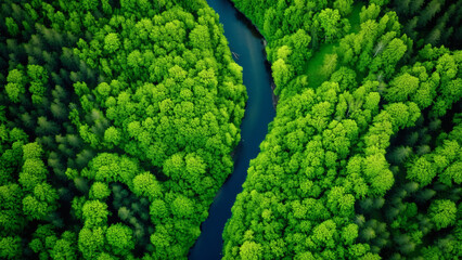 Scenic river bends through untouched wilderness forest canopy.