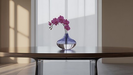 Modern Minimalist Orchid in Purple Glass Vase on Table