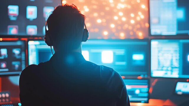Man wearing headphones working on multiple digital screens with glowing blue and orange lights, programming data and computer technology in dark room