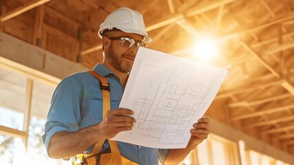 Construction worker wearing helmet and safety glasses holding blueprint inside wooden building with sunlight shining through windows for building
