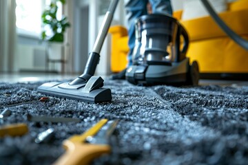 Fototapeta premium Cleaning the carpet with a vacuum cleaner in a modern living room during the day