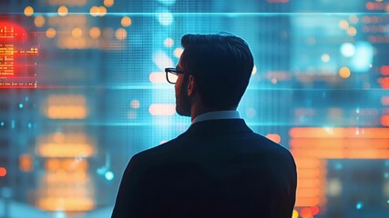 Man suit observing futuristic digital interface with glowing data, city lights, and vibrant graphs, creating focused innovative atmosphere - Powered by Adobe