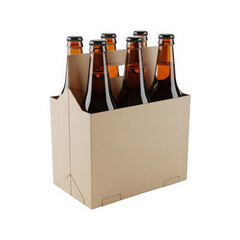 Six pack of amber glass beer bottles in a cardboard carrier, isolated on transparent background