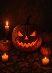 Spooky carved pumpkin glowing.