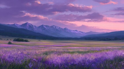 Fototapeta premium Serene Landscape with Purple Meadows, Majestic Mountains and Colorful Sunset in Tranquil Nature Scene