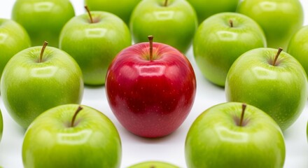 A single red apple stands out among a crowd of green apples, symbolizing individuality.