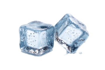 Two clear ice cubes, slightly overlapping, with water droplets