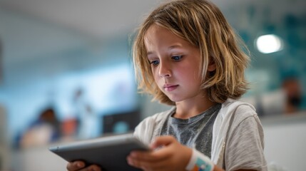 Young patient in pediatric clinic selecting animated character bandages on a digital device medium shot framing focused tablet screen and childs engaged expression slightly