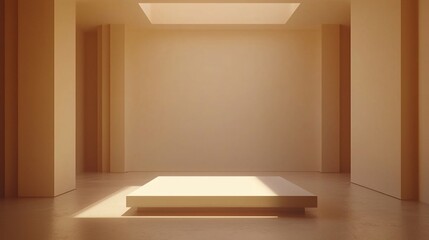 Fototapeta premium Minimalist beige room with platform and skylight casting soft shadows, creating a serene atmosphere