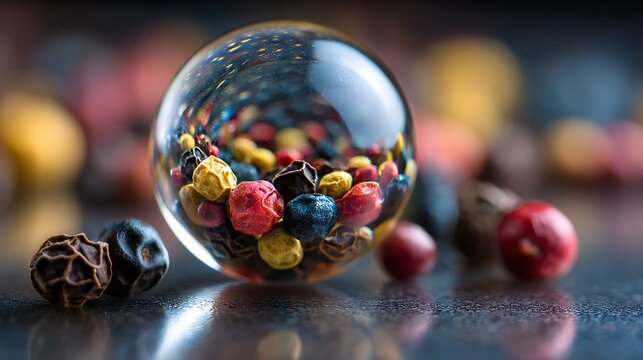 Close up of glass ball filled with beeds isolated on the glass with beeds 