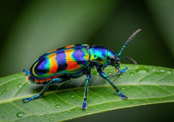 Fototapeta premium A stunning macro photograph of a vibrant, iridescent rainbow-colored jewel beetle on a green leaf.