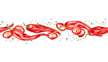 Hand-drawn seamless horizontal border illustration featuring ripe red chili peppers and round sliced chili peppers with seeds