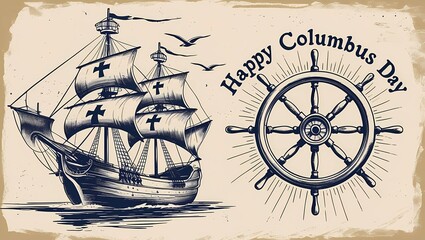 Columbus Day Celebration with Christopher Columbus Ship Illustration