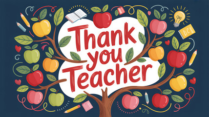 Thank you teacher message with apples and school supplies