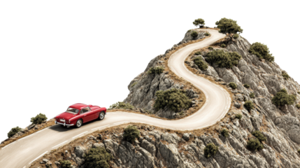 Classic car driving along a winding mountain road, isolated on a Transparent background, PNG file.