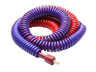Purple Coiled Cable: Industrial Strength Power Cord with Red and Blue Connectors isolated on white background ,PNG.AI Generated.