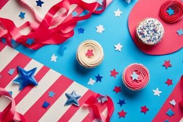 Fototapeta premium Patriotic cupcakes with stars and ribbons on colorful background