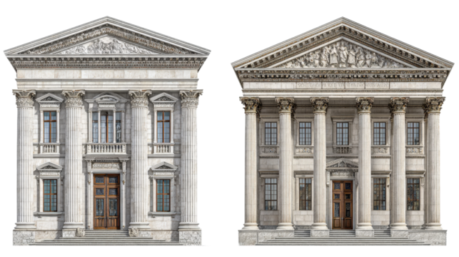 Classic Architecture: Timeless classical architecture with detailed facades, columns, and grand entrances, isolated on a Transparent background, PNG file.