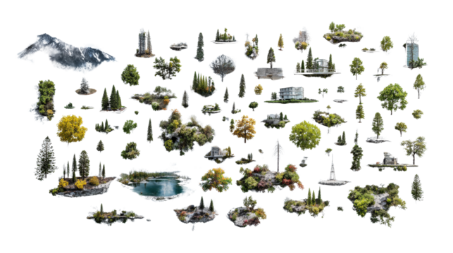 Aerial Drone Photography: Stunning aerial drone photography showcasing landscapes, cityscapes, and natural wonders, isolated on a Transparent background, PNG file.