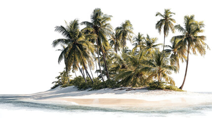 An idyllic tropical island beach with soft white sand and swaying coconut trees, isolated on a Transparent background, PNG file.