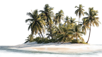 An idyllic tropical island beach with soft white sand and swaying coconut trees, isolated on a Transparent background, PNG file.