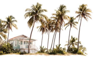 Coastal Living Photography: Coastal living with beach houses, ocean views, and tropical plants, isolated on a Transparent background, PNG file.