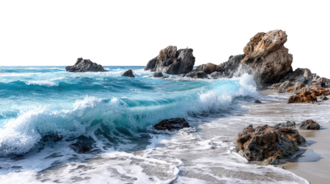 Clear blue ocean waves crashing onto a tropical beach with rocky outcroppings, isolated on a Transparent background, PNG file.