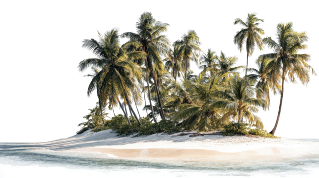 An idyllic tropical island beach with soft white sand and swaying coconut trees, isolated on a Transparent background, PNG file.