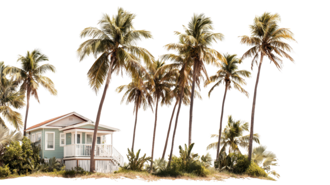 Coastal Living Photography: Coastal living with beach houses, ocean views, and tropical plants, isolated on a Transparent background, PNG file.