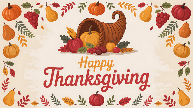 Thanksgiving cornucopia with pumpkins and grapes harvest