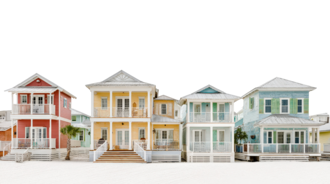 Coastal Living Photography: Relaxing coastal living photography featuring beach houses and ocean views, isolated on a Transparent background, PNG file.