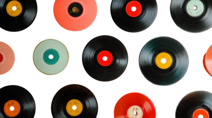 Classic Vinyl Records: Retro vinyl records with nostalgic album covers and warm, vintage vibes, isolated on a Transparent background, PNG file.