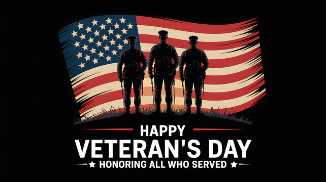 Three soldiers in silhouette before American flag honoring veterans