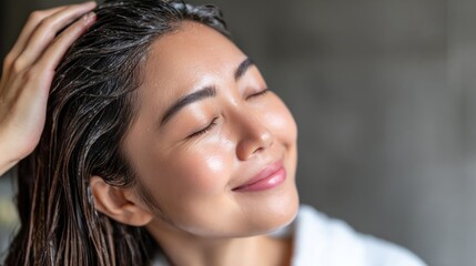 Fototapeta premium Asian woman with wet hair applying product in a relaxed indoor setting during daytime