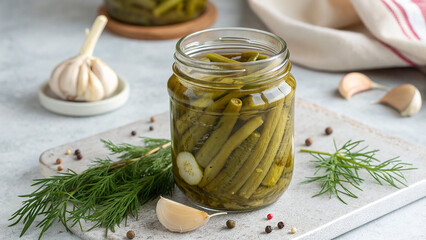 Freshly Pickled Green Beans in a Clear Glass Jar