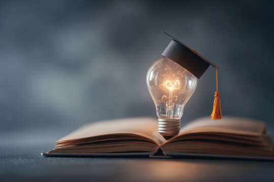 Education learning and Idea knowledge concepts innovative technology, science, and mathematics in school or university. Graduation cap with a lightbulb on the book and icon learning in the classroom - Powered by Adobe