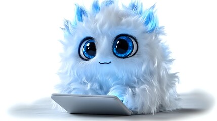 Obraz premium Cute fluffy white and blue monster character with big eyes using tablet device on white background, digital art character design for children media.