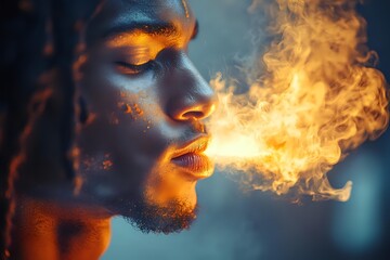 Young African American man with closed eyes exhaling smoke illuminated by dramatic orange light against dark blue background, artistic portrait with fire effect.