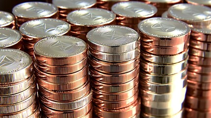 Daylit macro 50mm shot, metallic ridges of stacked coins aligned tightly, excluding visible top