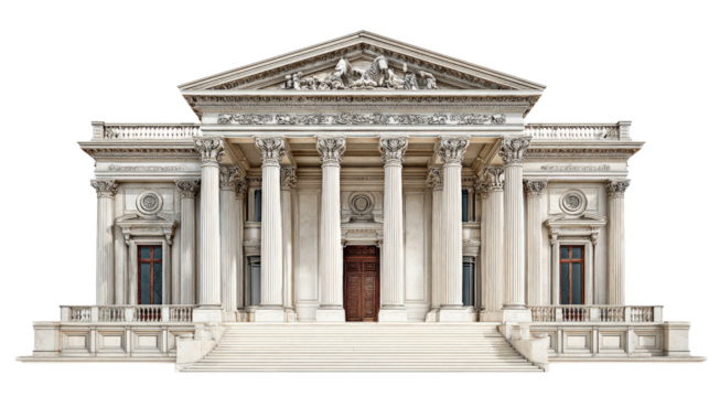 Classic Architecture: Timeless classical architecture with detailed facades, columns, and grand entrances, isolated on a Transparent background, PNG file.