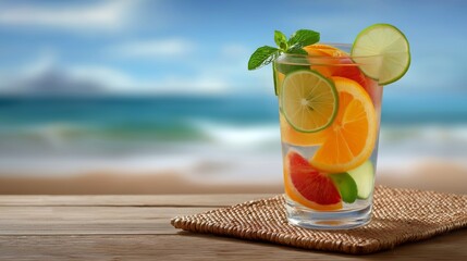 Obraz premium glass of fruit-infused water with orange, lime, and grapefruit slices, garnished with mint, rests on a woven mat on a wooden table, overlooking a blurry beach and ocean