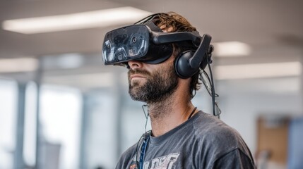 Professional in a training session utilizing VR technology for safety drills medium focus on the headset and focused gaze office backdrop subtly out of focus.