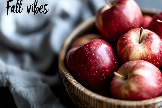 Fresh red apples in woven basket with fall vibes text overlay, dark moody background with gray textile. Seasonal autumn harvest composition.