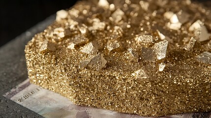 Daylit 70-200mm close-up, sharp metallic focus on gold bar with background banknote faded into blur