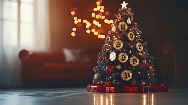 Festive Christmas tree decorated with golden Bitcoin ornaments and red gift boxes, illuminated by warm bokeh lights in cozy home interior setting.