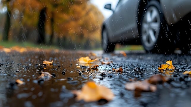 Wet asphalt road with scattered autumn maple leaves and blurred car in background, dramatic low angle view capturing fall season atmosphere and rainy weather. - Powered by Adobe