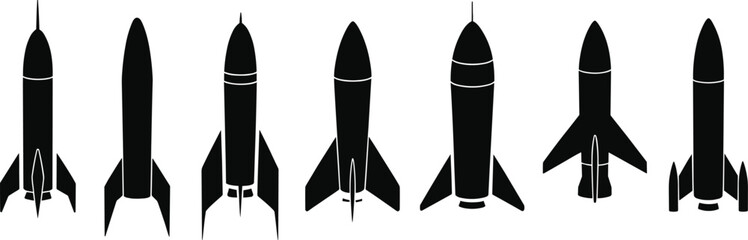 Rocket silhouette icon set, black and white space graphics, launch vehicle designs, retro spacecraft shapes, futuristic propulsion system illustrations
